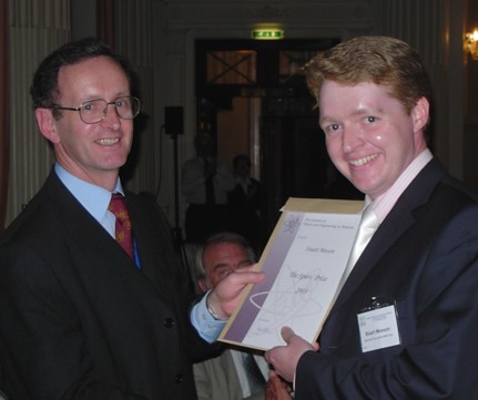 Receiving award from the IPEM President, Prof. Peter Williams, at the conference dinner. (Photograph by Lindsay Grant.)